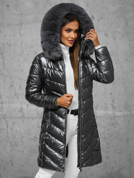 Kurtka zimowa damska długa z futerkiem grafitowa OZONEE JS/16M9100/105