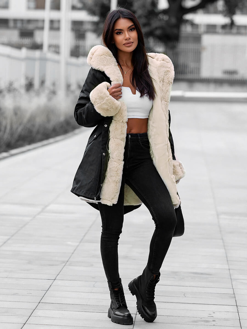 Kurtka zimowa damska z futerkiem czarna OZONEE JS/M763/392Z