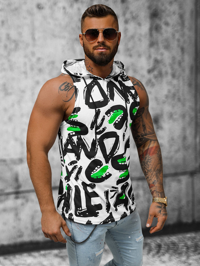 Koszulka bez rękawów męska z nadrukiem biało-czarna OZONEE O/BL300Z