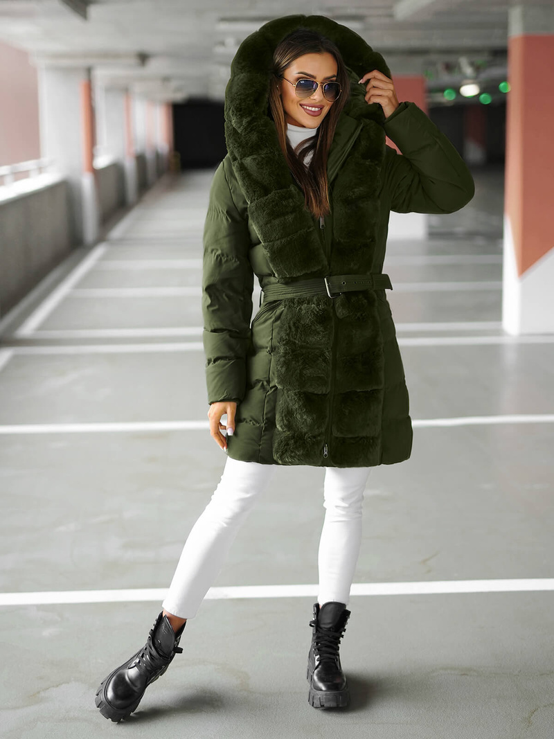 Kurtka zimowa damska długa z futerkiem ciemno-zielona OZONEE JS/5M3158/136Z