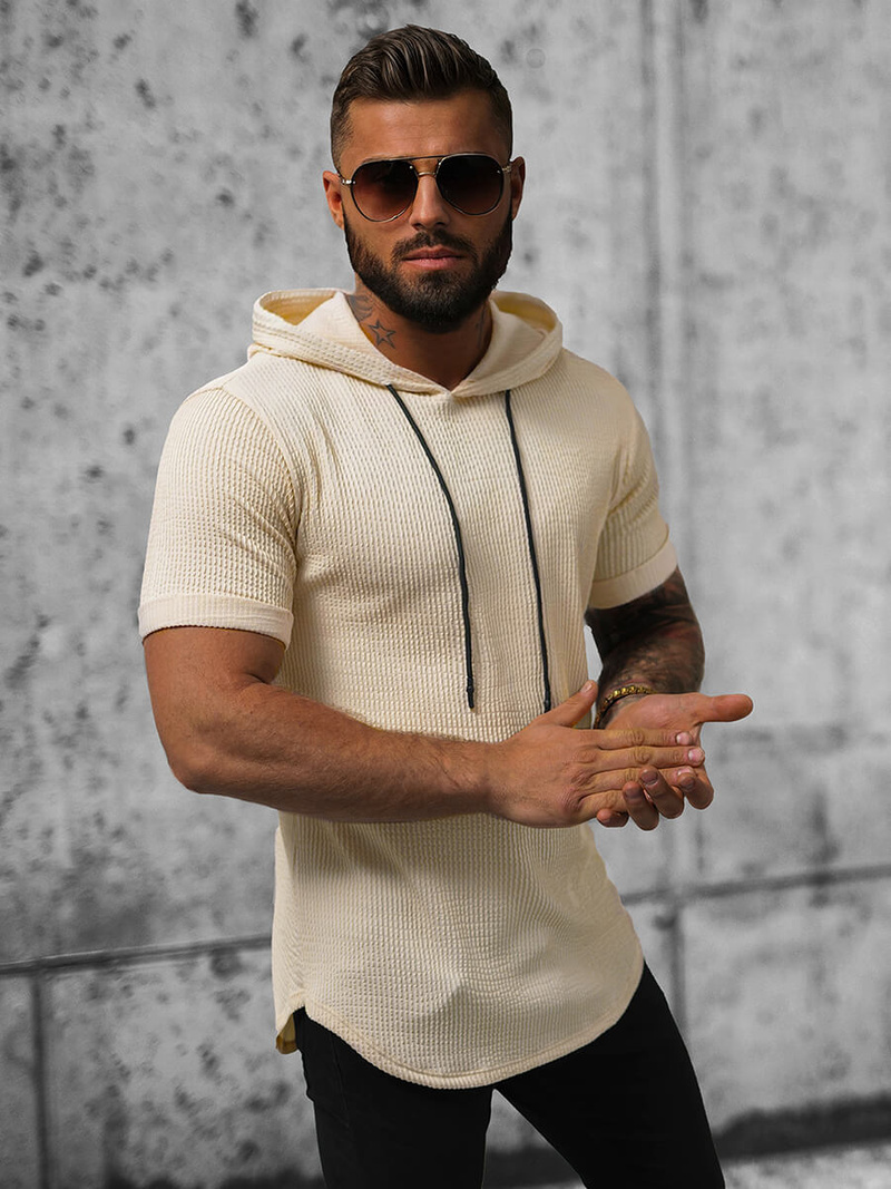 T-shirt męski z kapturem beżowy OZONEE O/P1150