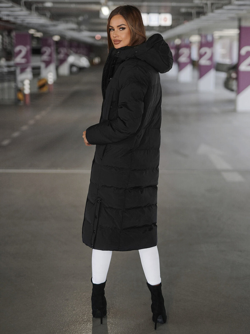 Kurtka zimowa damska długa pikowana czarna OZONEE JS/5M3233/392