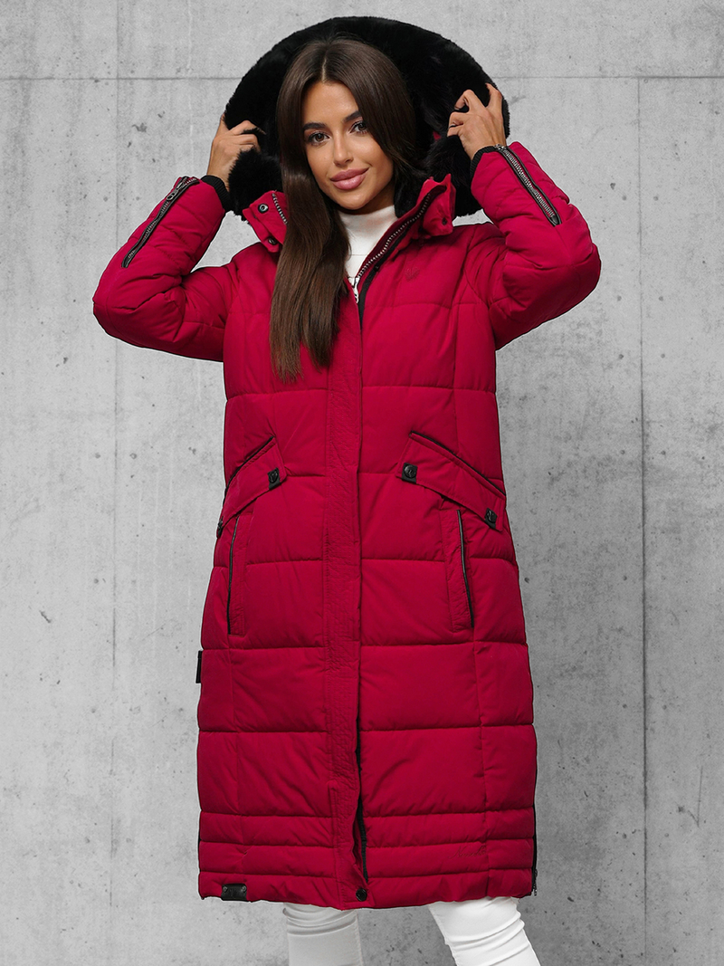 Kurtka zimowa damska długa pikowana ciemno-czerwona OZONEE O/W377