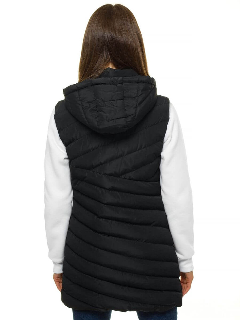 Kamizelka damska długa pikowana z kapturem czarna OZONEE N/6805/1
