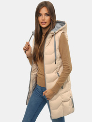 Kamizelka damska długa pikowana z kapturem beżowa OZONEE N/7042
