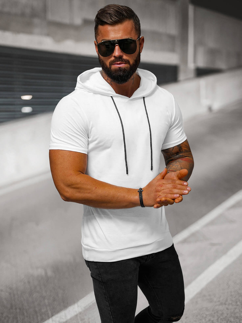 T-shirt męski z kapturem biały OZONEE JS/8T955/1