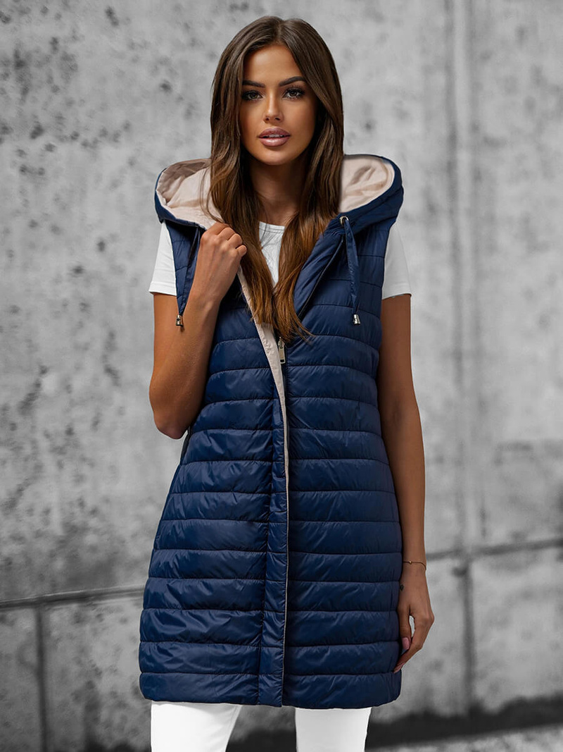 Kamizelka damska dwustronna długa z kapturem granatowa OZONEE JS/16M9065/215
