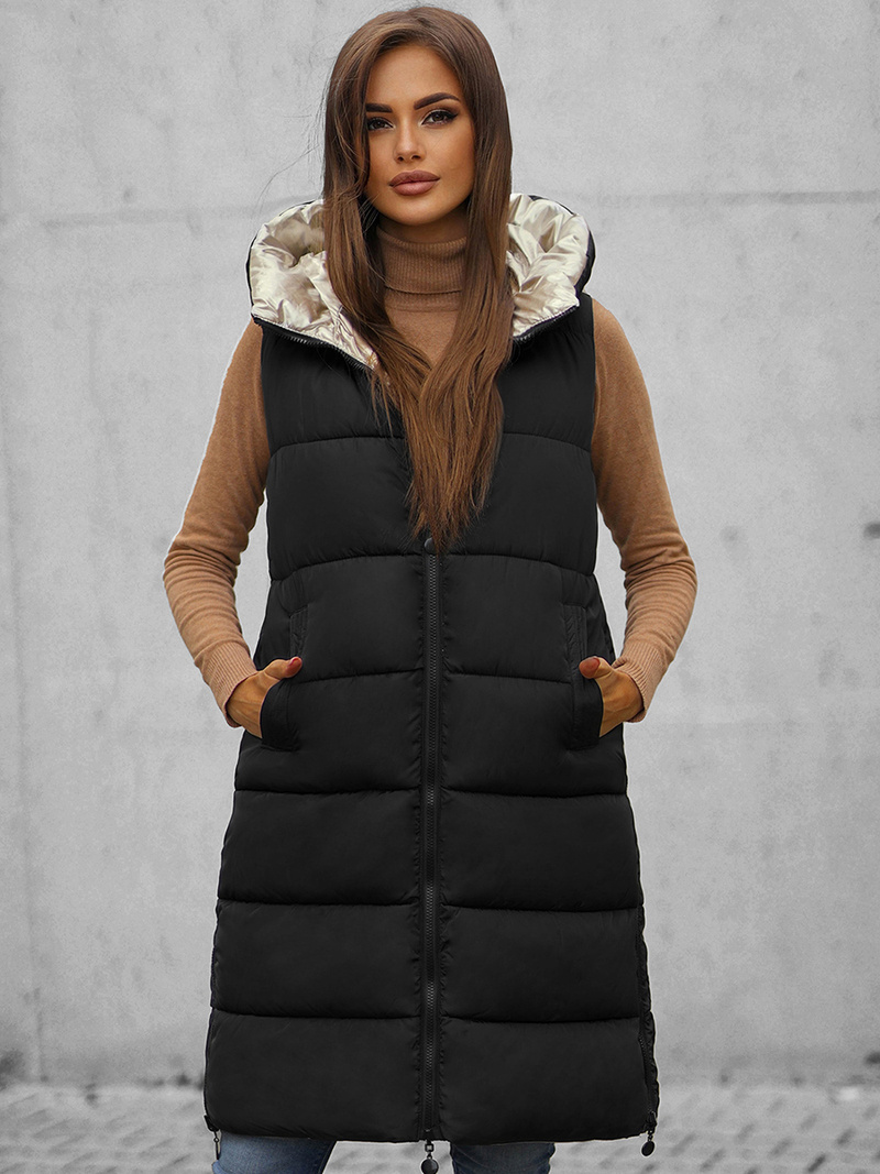 Kamizelka damska dwustronna długa z kapturem czarno-złota OZONEE O/H1121/99Z