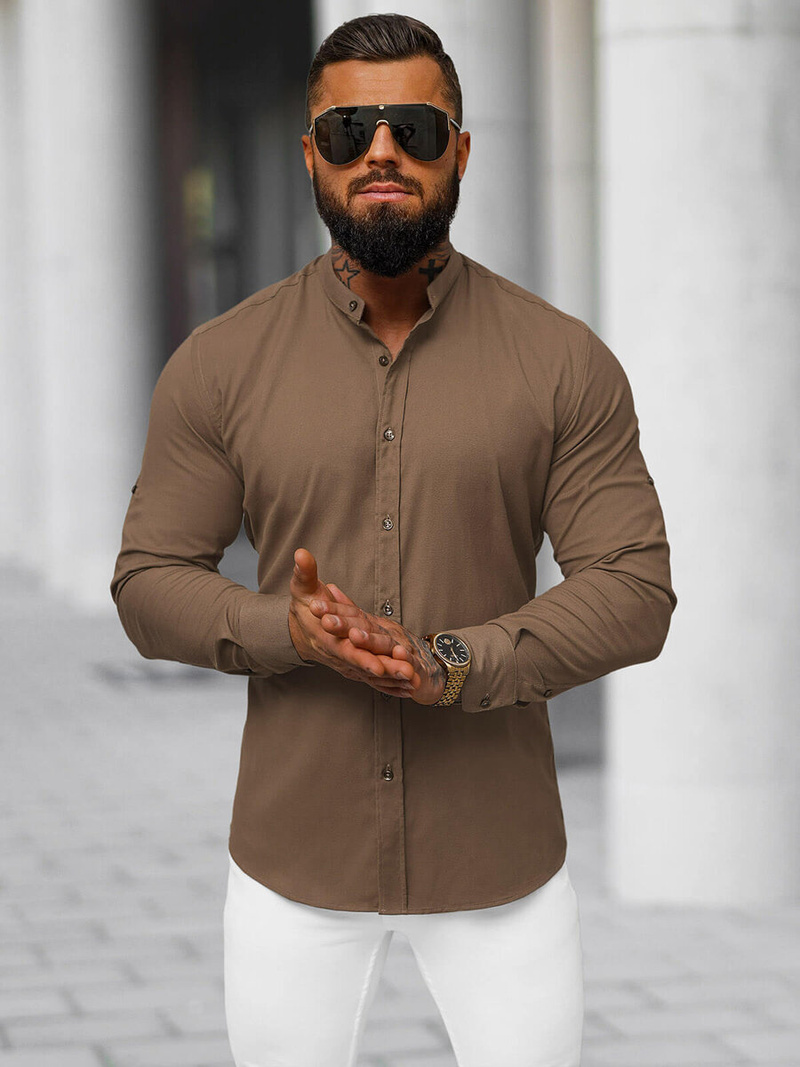 Koszula męska ze stójką brązowa OZONEE O/V115