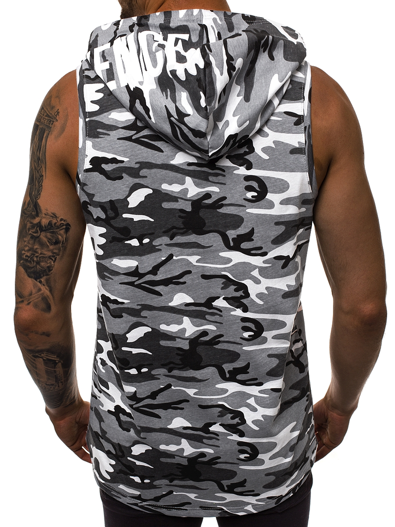 Koszulka bez rękawów z kapturem męska biało-szary-moro OZONEE O/2537