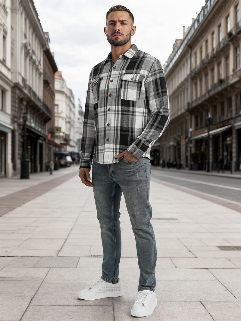 Koszula flanelowa męska w kratę czarno-biała OZONEE NB/MC728N/3