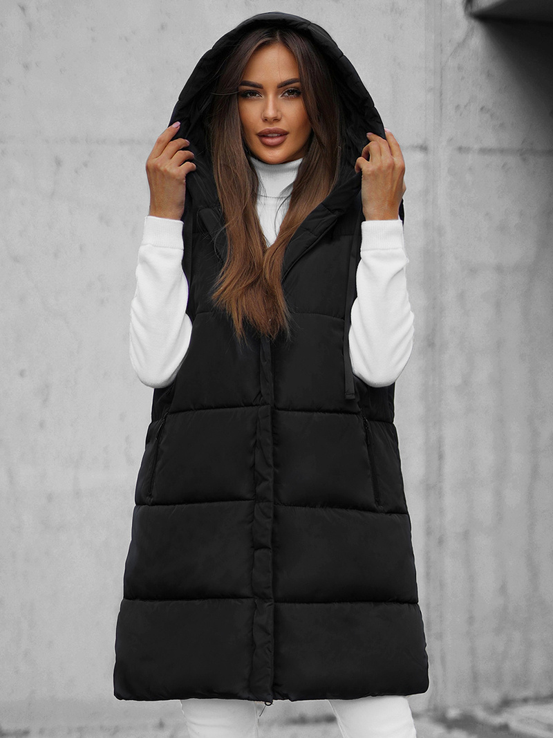 Kamizelka damska długa pikowana z kapturem czarna OZONEE O/81266Z