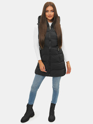 Kamizelka damska długa pikowana z kapturem czarna OZONEE N/7046