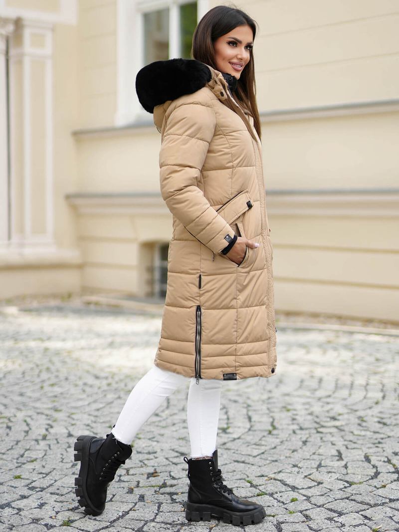Kurtka zimowa damska długa pikowana beżowa OZONEE O/W377Z