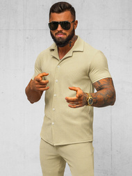 Koszula męska z krótkim rękawem beżowa OZONEE O/Y963T