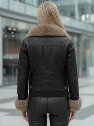 Kurtka skórzana damska z futerkiem czarno-beżowa OZONEE JS/61M8513/392B