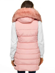 Kamizelka damska długa pikowana z futerkiem jasnoróżowa OZONEE O/M205/58