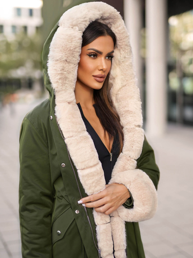 Kurtka zimowa damska z futerkiem zielona OZONEE JS/M763/136Z