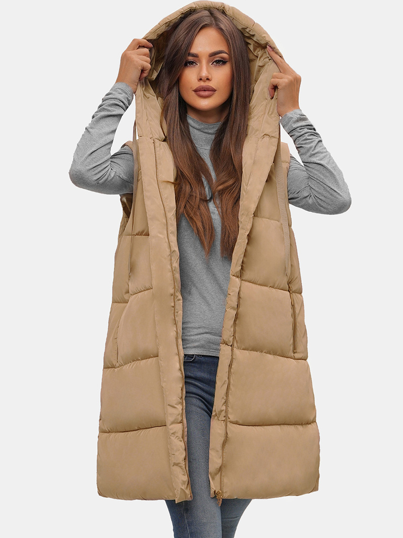 Kamizelka damska długa pikowana z kapturem beżowa OZONEE O/81266