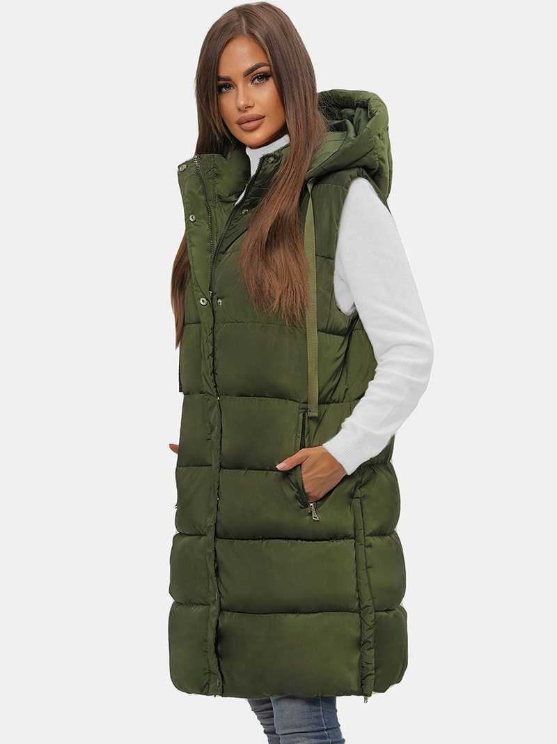 Kamizelka damska długa pikowana z kapturem zielona OZONEE O/81276