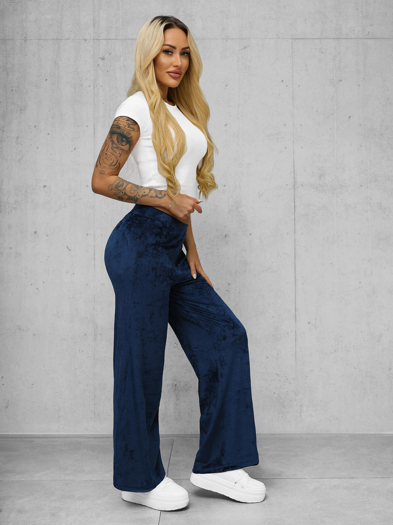 Spodnie damskie welurowe z szeroką nogawką granatowe OZONEE JS/92K531/66