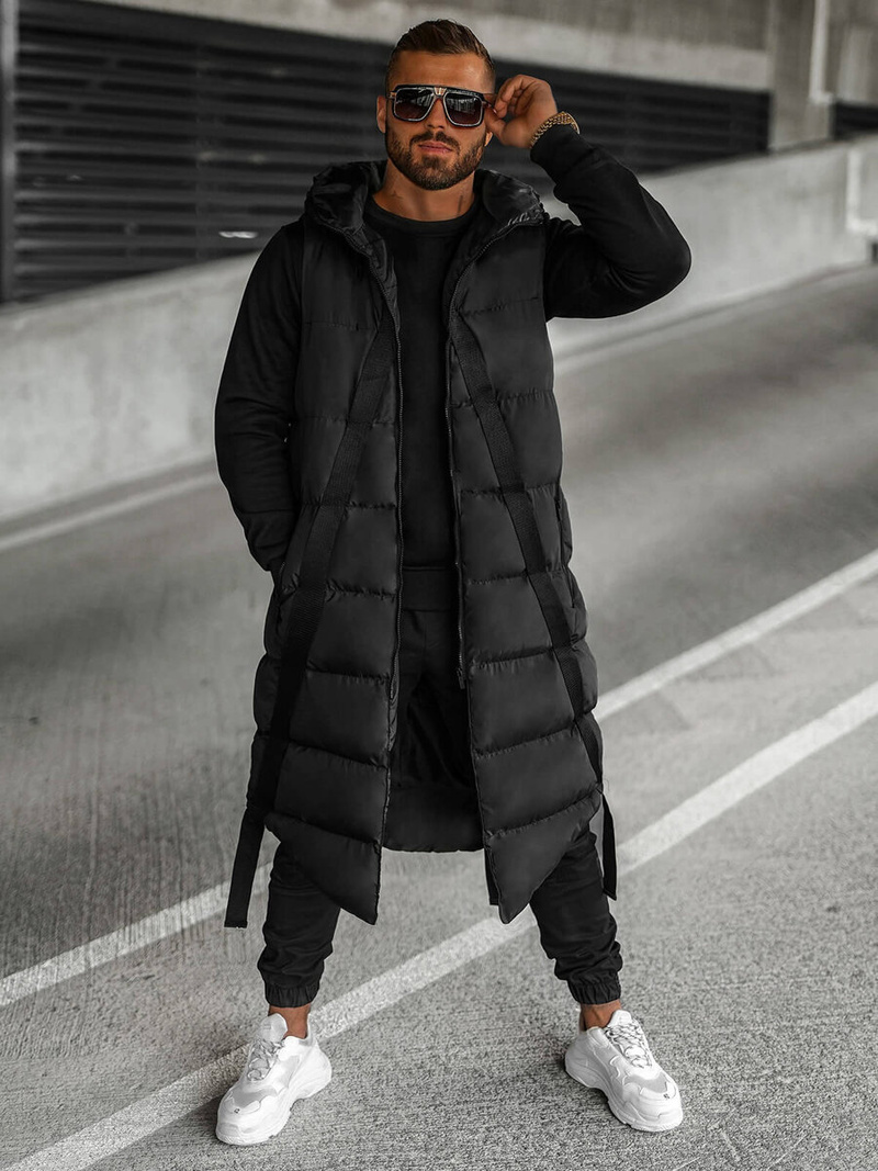 Kamizelka męska długa pikowana z kapturem czarna OZONEE O/M3201Z