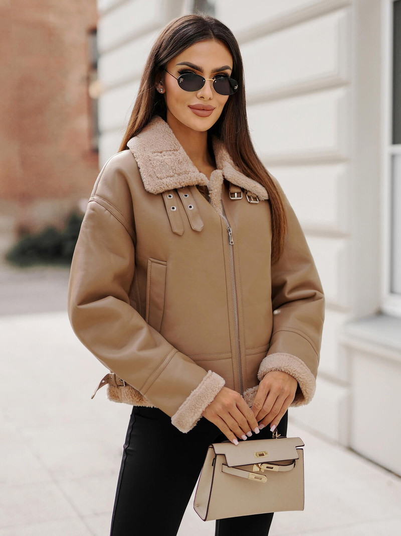 Kurtka damska z kożuchem beżowa OZONEE JS/11Z8176