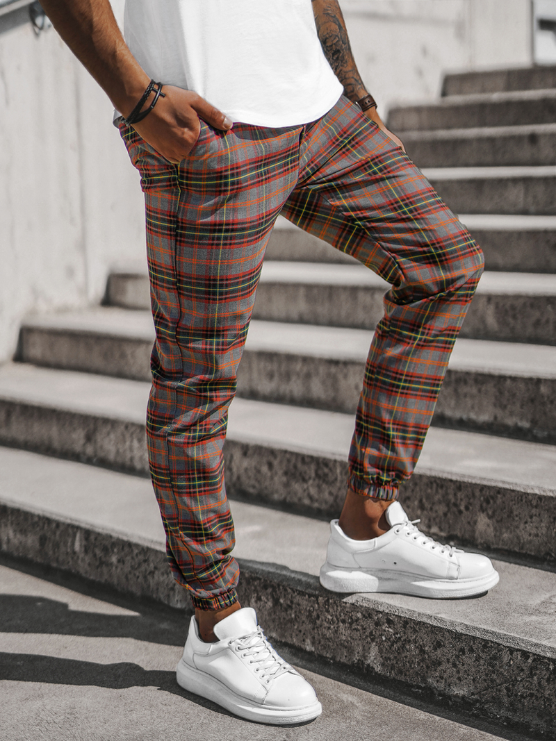 Spodnie męskie chino joggery w kratę kolorowe OZONEE DJ/2284/22Z