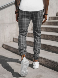 Spodnie męskie chino joggery w kratę grafitowe OZONEE DJ/2286/22Z