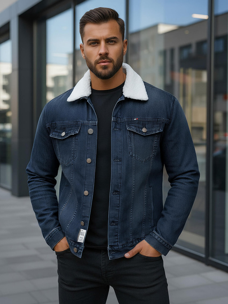 Kurtka męska jeansowa sherpa granatowa OZONEE NB/MJ517BSZ