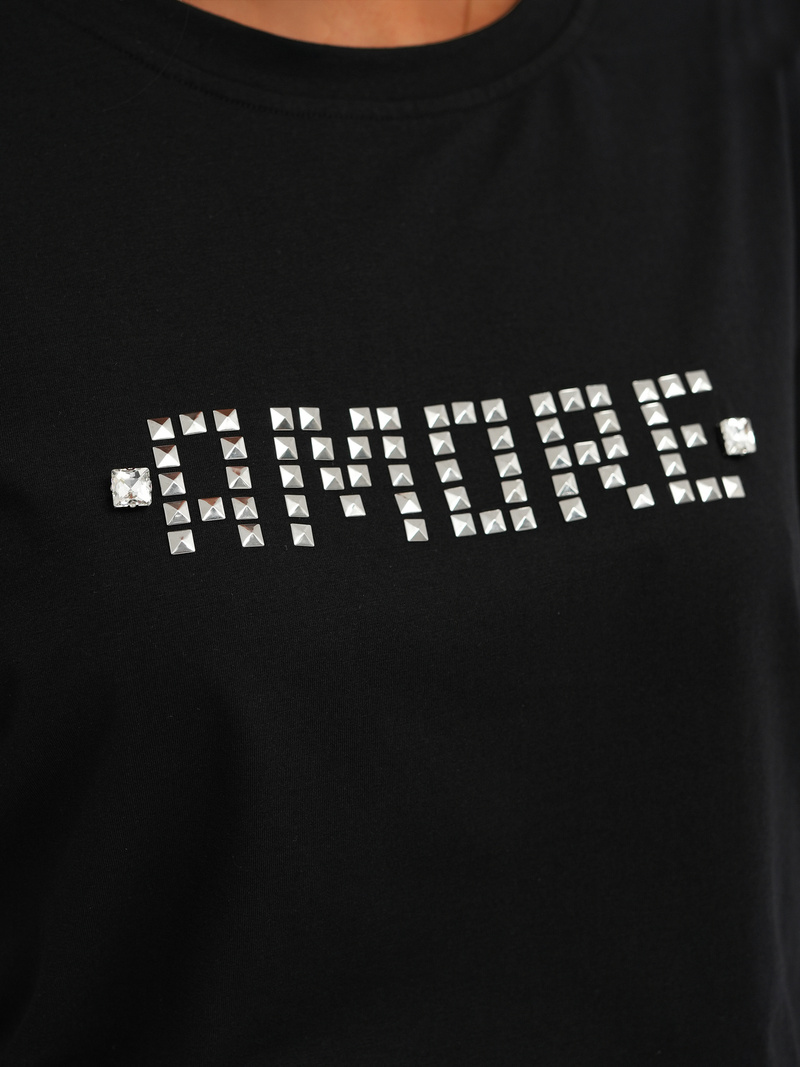 T-shirt damski z ćwiekami czarno-srebrny OZONEE JS/YJ77716