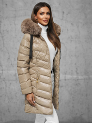Kurtka zimowa damska długa z futerkiem beżowa OZONEE JS/5M3139/62