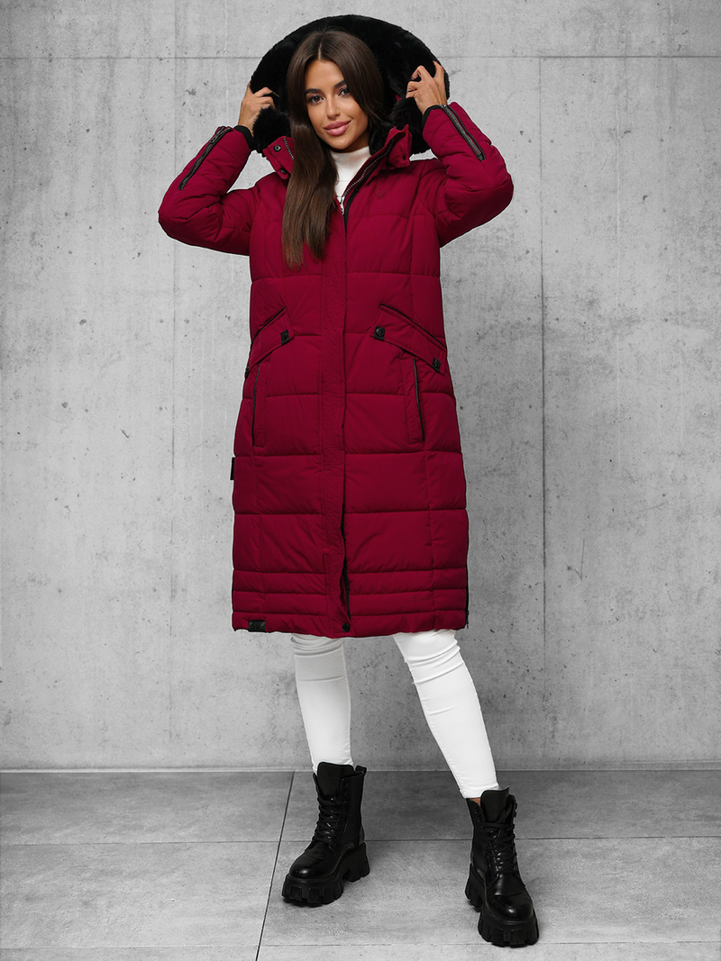 Kurtka zimowa damska długa pikowana bordowa OZONEE O/W377