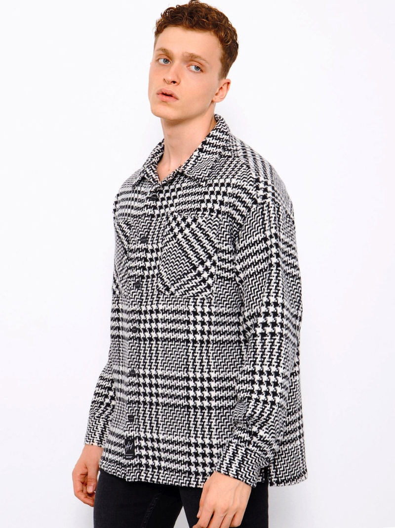 Koszula męska oversize w kratę czarno-biała OZONEE MACH/G821