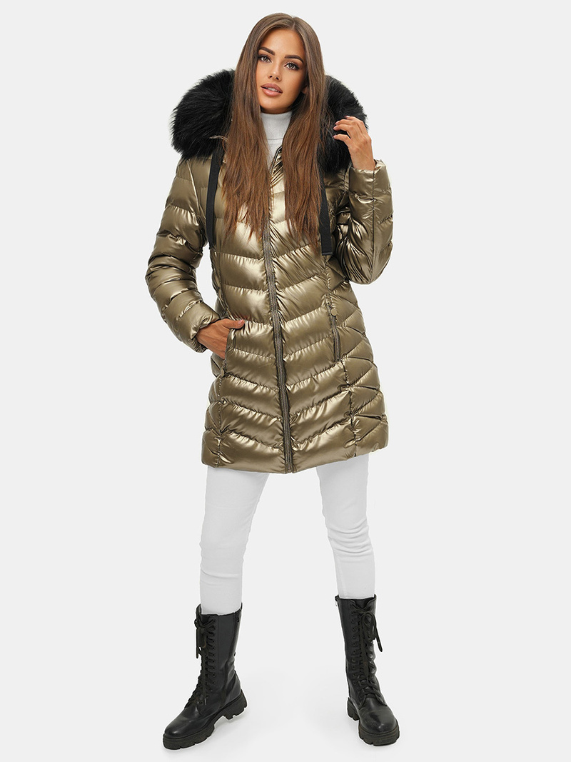 Kurtka zimowa damska z futerkiem złota OZONEE JS/M778/403
