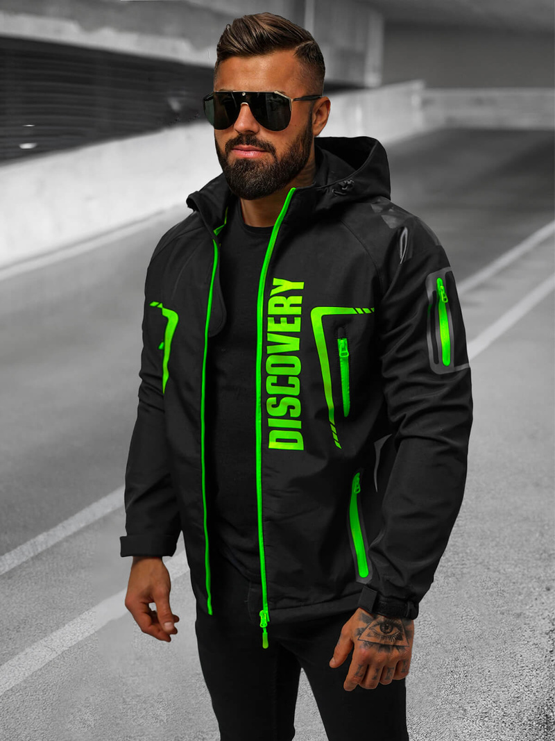 Kurtka softshell męska z kapturem czarno-zielona OZONEE JS/HH025/1Z