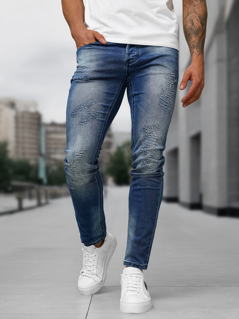 Spodnie jeansowe męskie slim fit ciemno-niebieskie OZONEE NB/MP0009BS