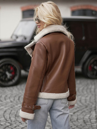 Kurtka skórzana damska z kożuchem brązowa OZONEE JS/11Z8177Z