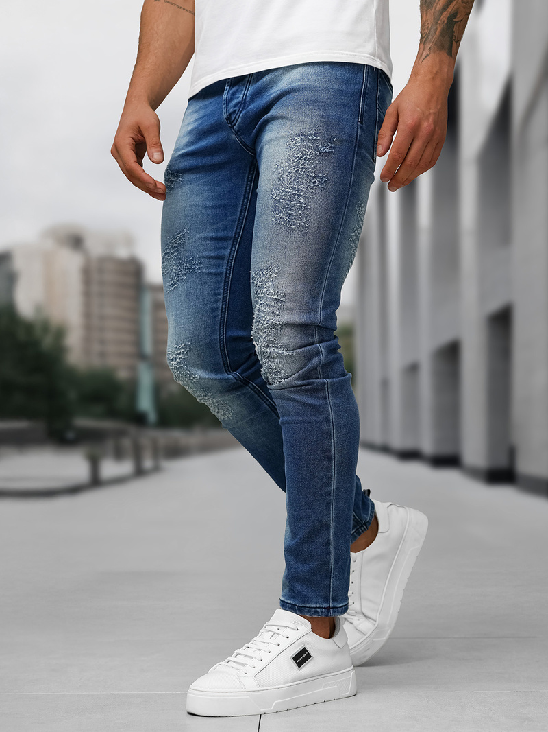 Spodnie jeansowe męskie slim fit ciemno-niebieskie OZONEE NB/MP0009BS
