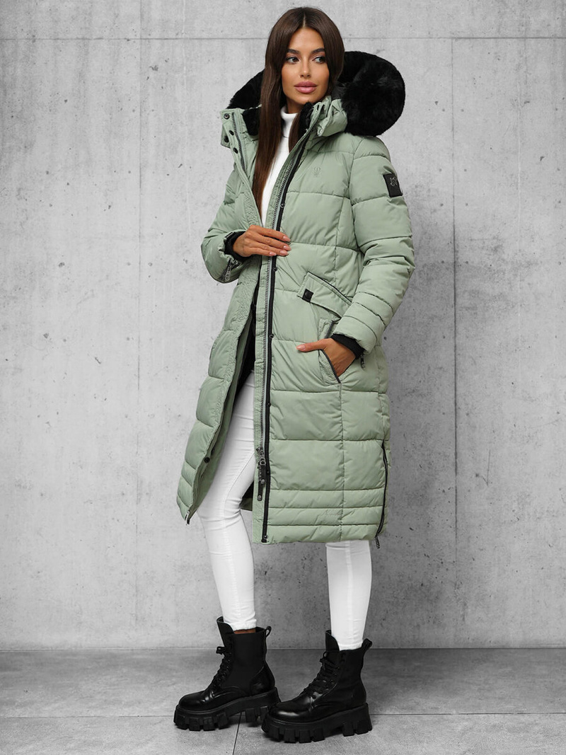 Kurtka zimowa damska długa pikowana miętowa OZONEE O/W377