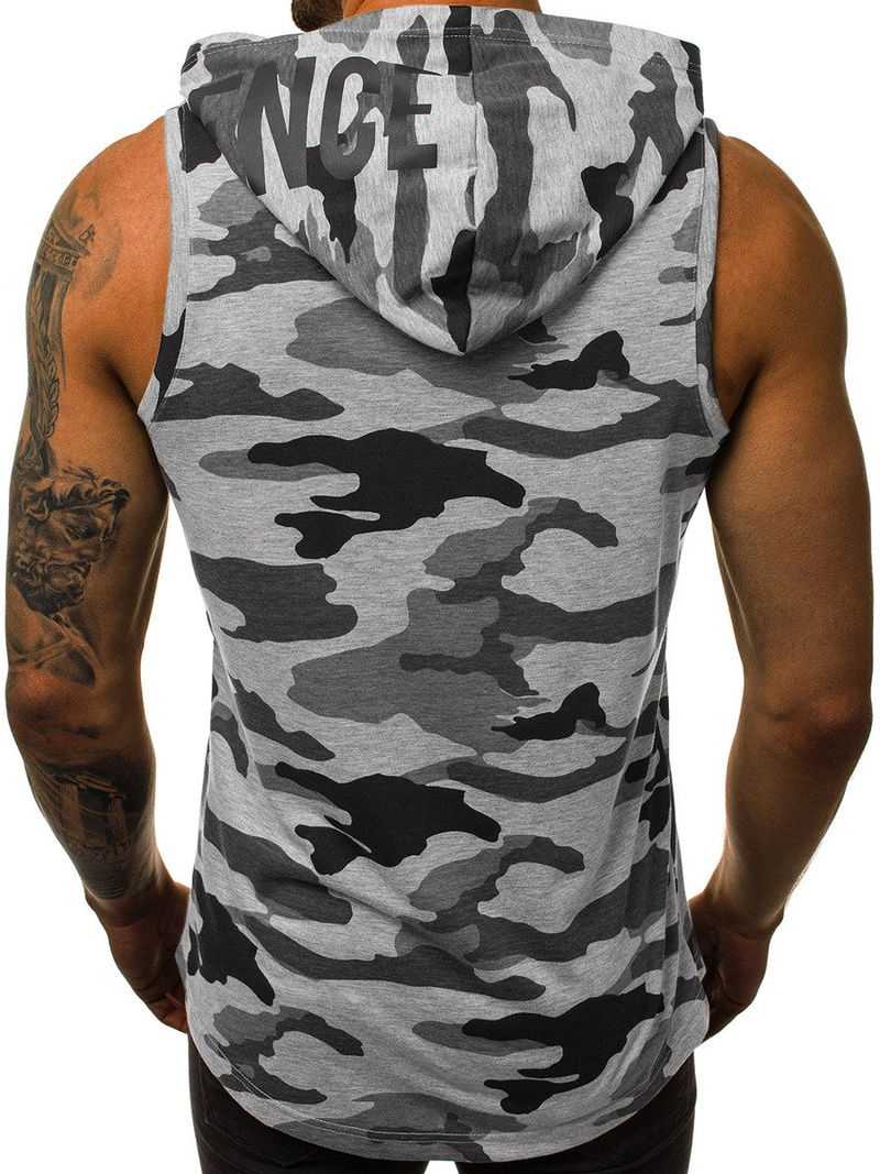 Koszulka bez rękawów z kapturem męska szary-moro OZONEE O/2537