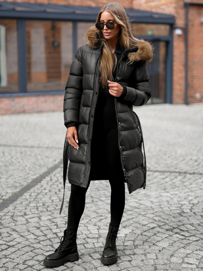 Kurtka zimowa damska długa z futerkiem czarna OZONEE JS/5M3298/392Z