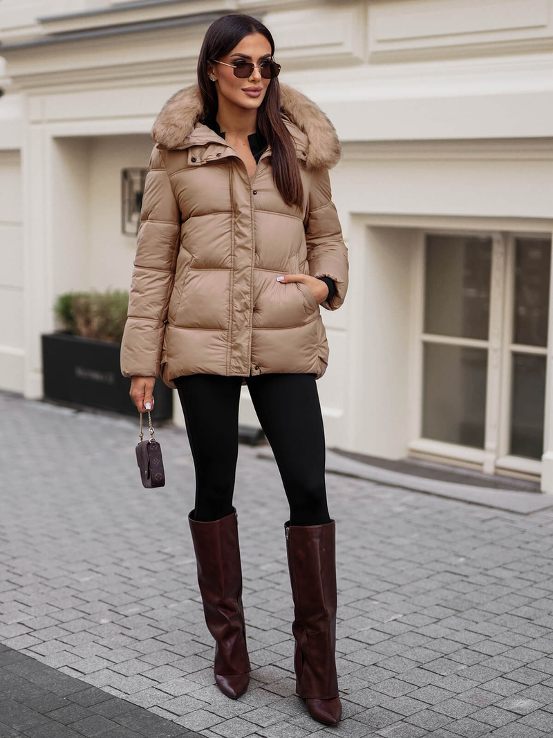 Kurtka zimowa damska z futerkiem camelowa OZONEE JS/5M3256/84