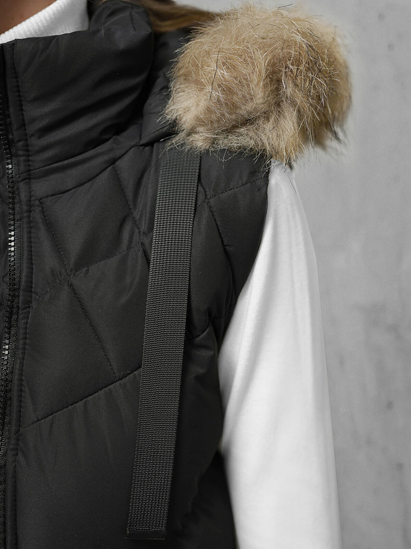 Kamizelka damska długa pikowana z futerkiem czarna OZONEE JS/M787/392