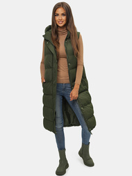 Kamizelka damska długa pikowana z kapturem ciemno-zielona OZONEE JS/M728/136