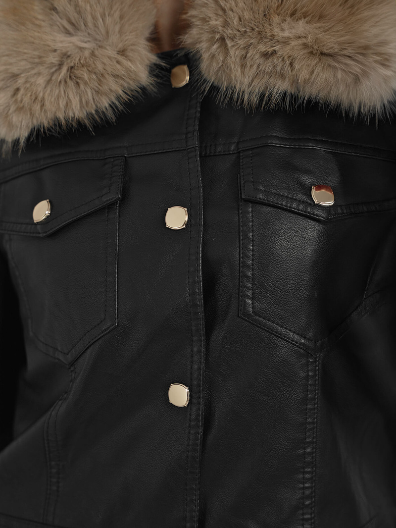 Kurtka skórzana damska z futerkiem czarno-beżowa OZONEE JS/61M8513/392B