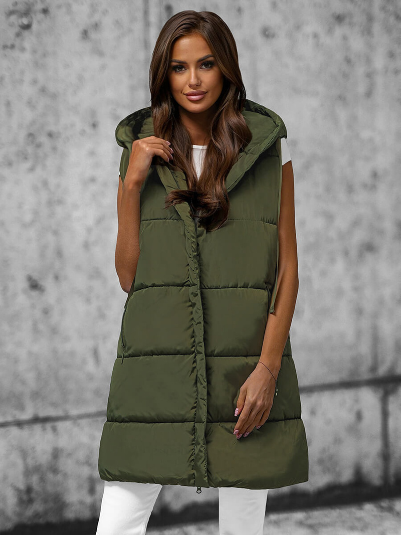 Kamizelka damska długa pikowana z kapturem zielona OZONEE O/81266Z