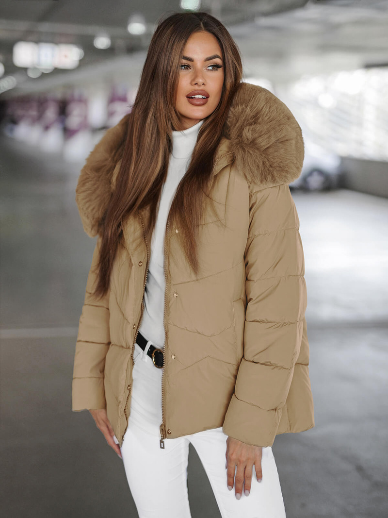 Kurtka zimowa damska z futerkiem beżowa OZONEE JS/16M9181/62Z