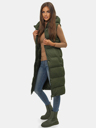 Kamizelka damska długa pikowana z kapturem ciemno-zielona OZONEE JS/M728/136