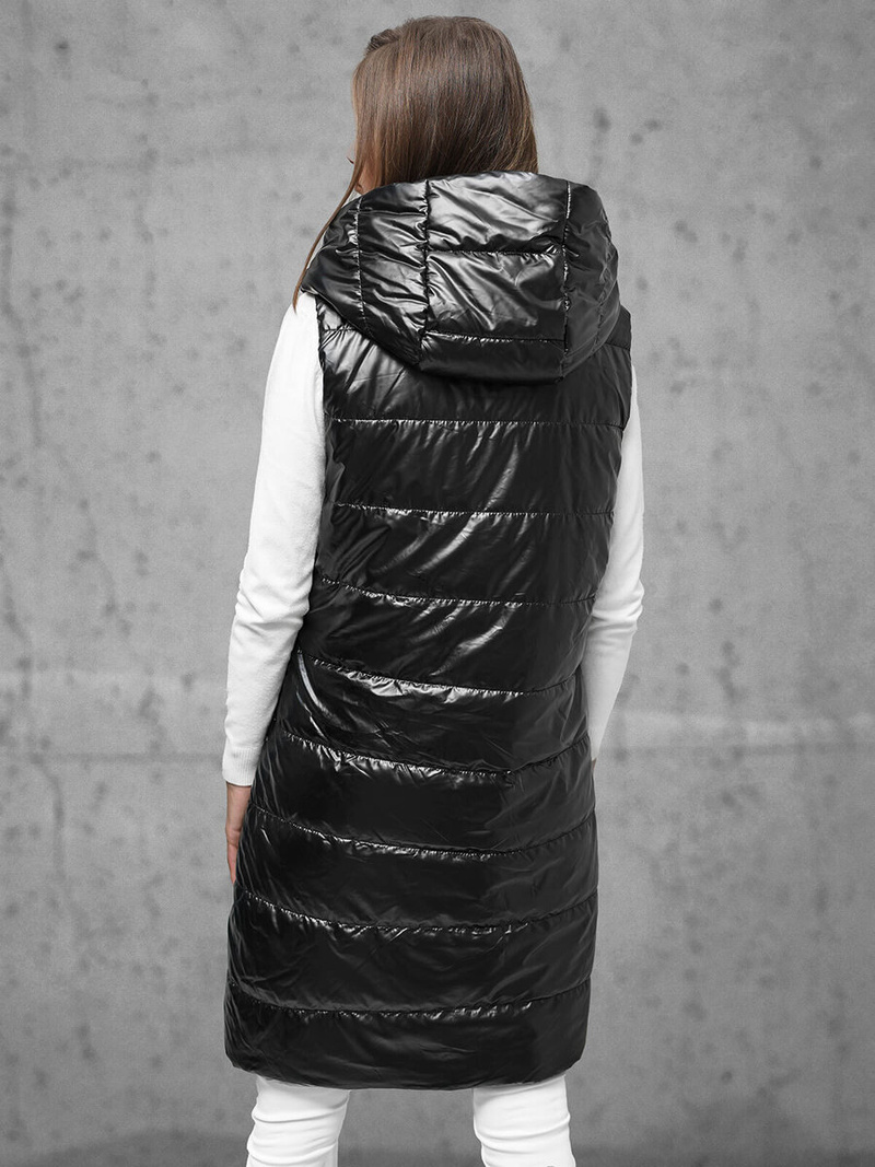 Kamizelka damska długa pikowana z kapturem czarna OZONEE JS/16M9117/392Z